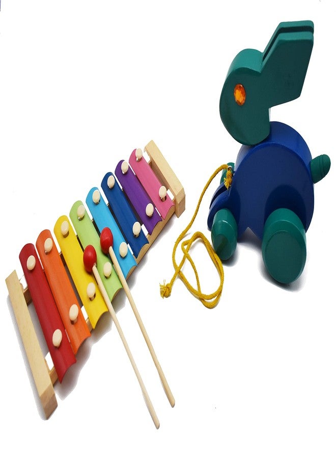 JustHandmade Wooden Xylophone with 8 Notes | Rabbit Pull Along Toy for Kids - Indoor Game, Colors May Vary(Combo of 2) - Image 1
